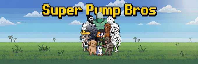 The image is a promotional banner for "Super Pump Bros," featuring the title in bold pixel-style text at the top, with a group of cartoon characters including a buff figure, a penguin, a Yeti, a bear, and other fighters posed together in a grassy field with a blue sky background. It visually represents the pixel brawler game mentioned in the post, showcasing the various playable "Bros" characters for 1v1 PvP combat on Solana where players earn $SPB.
