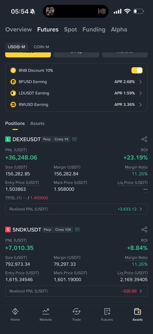 A screenshot of a crypto trading app showing open positions for DEXEUSDT and SNDKUSDT pairs with various PNL figures in USDT.