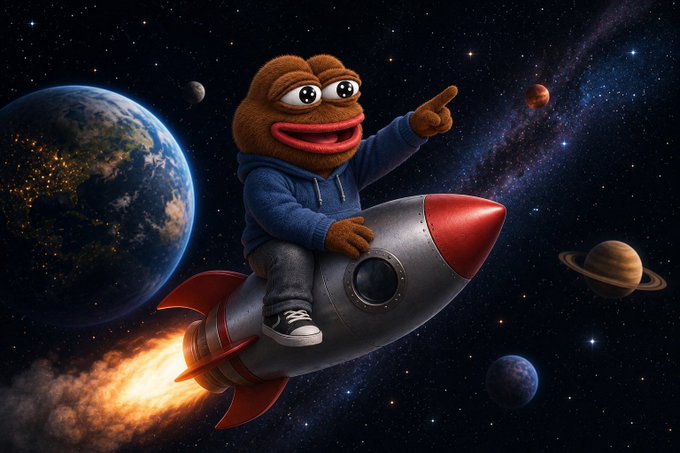 A brown, fuzzy puppet-like character wearing a blue hoodie riding a rocket through outer space, pointing forward, with planets like Earth, Saturn, and Mars visible in the background.