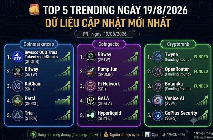 The image displays the "TOP 5 TRENDING NGÀY 19/8/2026" across three crypto data platforms: Coinmarketcap (Invesco QQQ Trust Tokenized Stocks $QQQB, Bitway $BTW, KiiChain $KII, Parcl $PRCL, Tria $TRIA), Coingecko (Bitway $BTW, Pump.fun $PUMP, Pi Network $PI, GALA $GALA, Hyperliquid $HYPE), and Cryptorank (Twync, OpenRouter, Botanika, Venice AI $VVV, GoPlus Security $GPS). It visually represents the daily top trending cryptocurrencies mentioned in the accompanying post, helping viewers track which projects are gaining community attention across multiple trusted sources.