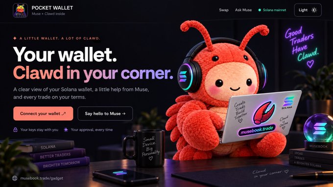 A promotional webpage for 'POCKET WALLET' featuring a red fuzzy mascot character wearing headphones, with text 'Your wallet. Clawd in your corner.' and the URL 'musebook.trade/gadget'.