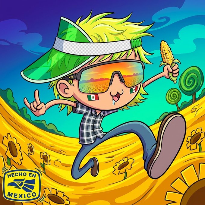 A vibrant cartoon illustration of a character with green hair, a visor, and sunglasses holding a corn cob, with a 'Hecho en Mexico' badge in the corner.