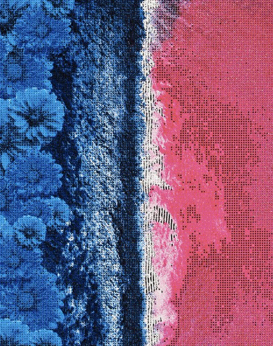 The image features a vibrant abstract painting with blue, pink, white, and black colors. The artwork has a unique texture that resembles a watercolor effect or a collage of different materials. The painting is displayed against a gray background, which contrasts with the colorful elements in the foreground. The post reads "gm. almost there!". This suggests that the image might be part of an art project or exhibition where viewers can interact and engage with the artwork by leaving comments or messages related to the piece.