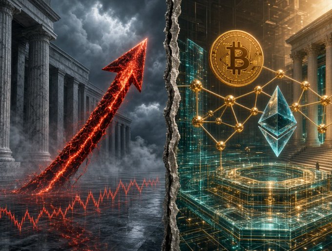 A split illustration contrasting a red downward-trending arrow on a rocky, classical ruin landscape on the left with a golden Bitcoin and Ethereum-style network on a tech-themed platform on the right.
