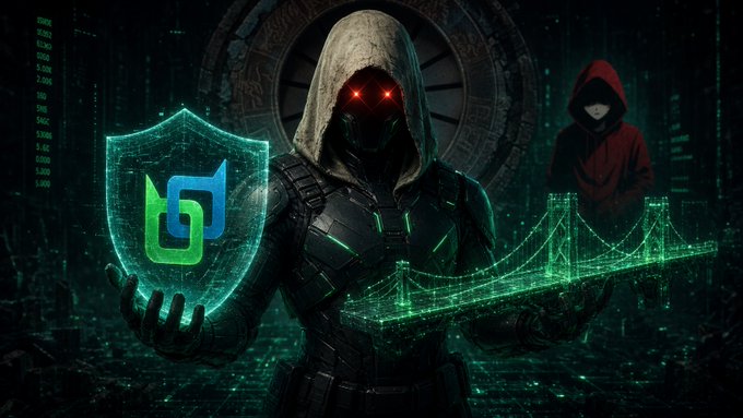 A digital illustration of a hooded figure with glowing red eyes in tactical armor, holding a glowing teal shield with a green logo, accompanied by a smaller red-hooded figure and a wireframe bridge in the background.
