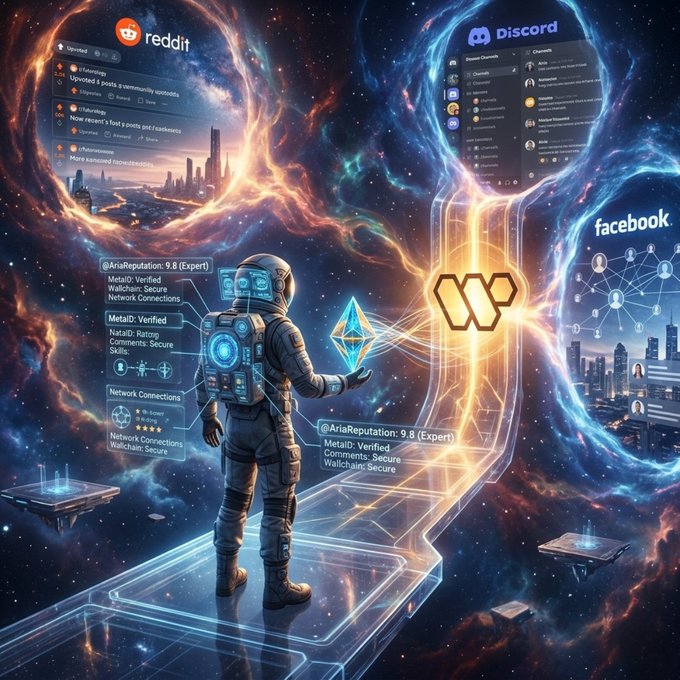 The image features a man dressed as an astronaut standing in front of a futuristic cityscape, holding a blue crystal ball that appears to be emitting light. The scene takes place in outer space with various planets visible in the background. The caption above the image reads "What if your reputation could travel with you everywhere online What if credibility became more valuable than attention @wallchain caught my attention". This suggests that the man's actions and the futuristic cityscape are related to a concept of reputation management or reputation building, where one's online presence is crucial for their personal or professional success.