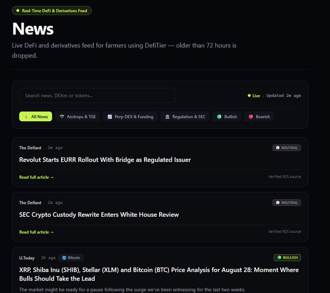 A 'News' feed page for DeFi and derivatives, featuring headlines like 'Revolut Starts EURR Rollout With Bridge as Regulated Issuer' and 'SEC Crypto Custody Rewrite Enters White House Review'.