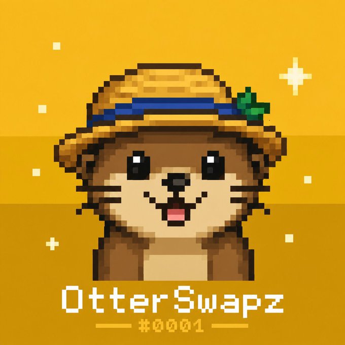A pixel art illustration of an otter wearing a straw hat with a blue band on a yellow background, with the text 'OtterSwapz' and '#0001' displayed at the bottom.