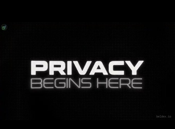 A black screen with the white neon-style text 'PRIVACY BEGINS HERE' centered, with a small 'beldex.io' watermark in the bottom right corner.