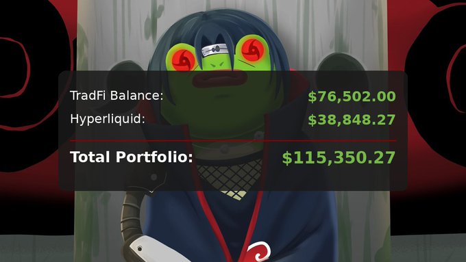 The image displays a meme featuring the "Dat Boi" character, overlaid with a portfolio breakdown showing a TradFi Balance of $76,502.00 and Hyperliquid of $38,848.27, totaling $115,350.27. This corresponds to Day 595 of the "$1k to $1m Challenge," highlighting a 2.14% gain and underscoring the post's message about the value of patience in reaching financial goals.