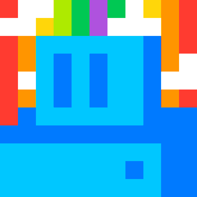 A colorful pixel art style image featuring a blue central character with a rectangular face and orange, yellow, green, and red accents on a white background.