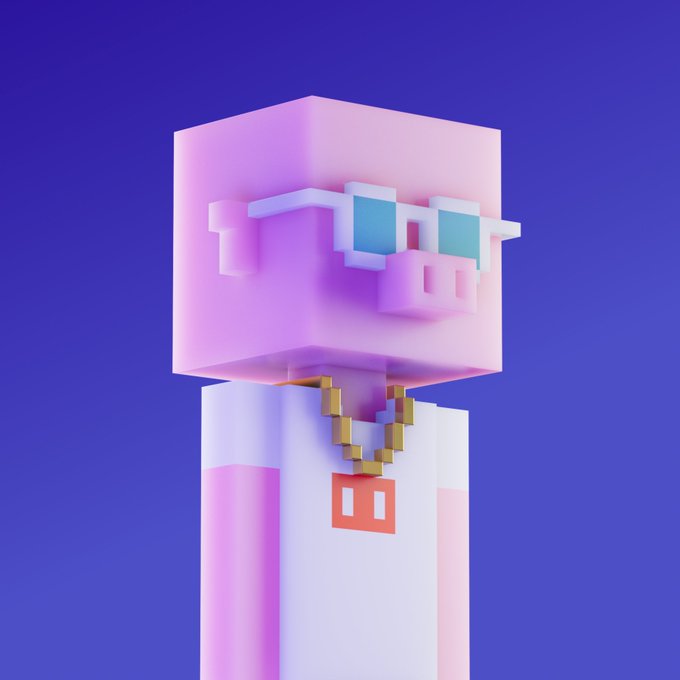 A 3D-rendered pink Minecraft-style character with blocky glasses and a gold chain stands against a blue background, representing a Meebit NFT avatar from the Meebits collection, likely symbolizing the user's connection to the Meebits community as they announce their departure from the MeebCo team.