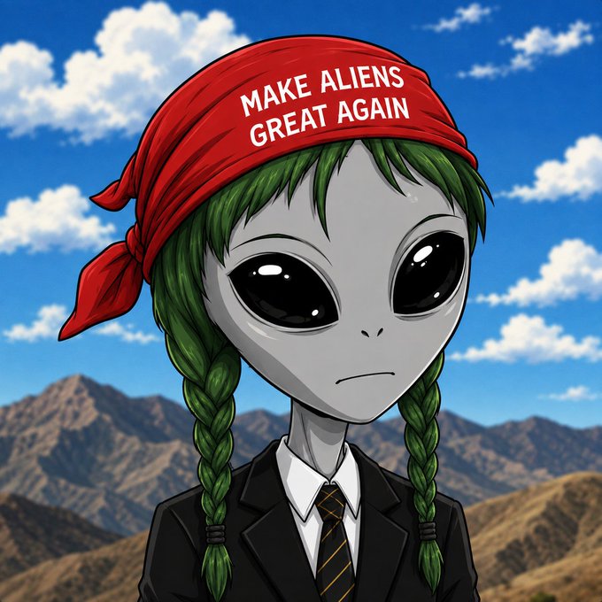 A digital illustration of a green-skinned alien character with large black eyes and green braided hair, wearing a red bandana with the text 'MAKE ALIENS GREAT AGAIN' and a black suit, set against a desert mountain backdrop.