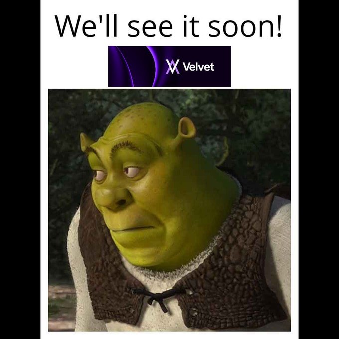 A meme featuring a skeptical-looking Shrek with the text 'We'll see it soon!' above him and the 'Velvet' logo (a purple X-shaped symbol) displayed below the text.