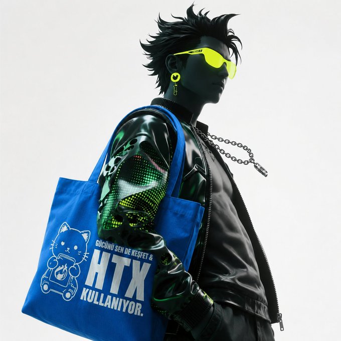 The image features a person wearing sunglasses and carrying a blue bag with white text that says "HuobiHTX's" on it. The person appears to be posing for a photo, possibly at an event or gathering where the unique design of the bag has caught their attention.