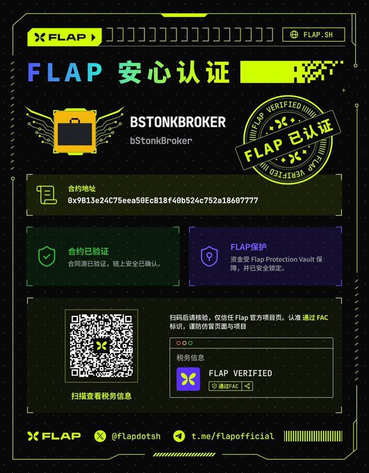 A FLAP security certification card for "BSTONKBROKER" displays a verified contract address (0x9B13e24C75eea50Ec818f40b524c752a18607777) with green "FLAP 已认证" and "合约已验证" stamps, alongside a QR code linking to tax information and FLAP Protection Vault guarantees. The card authenticates the $bStonkBroker project—highlighted in the post as Flap's sole application with an NFT, stock token, and dividend flywheel mechanism—confirming it has passed Flap's safety verification standards.