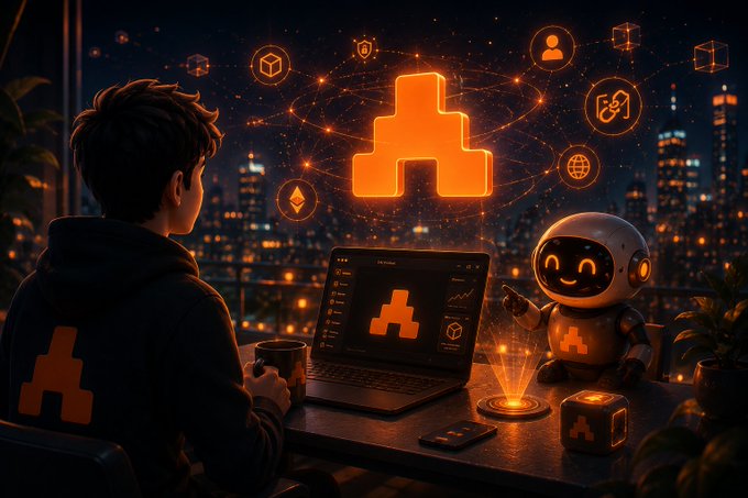The image features a man sitting at a desk using his laptop while holding a cup of coffee. A robot figure is also present in the scene, with its arms outstretched as if waving or interacting with the person. The background shows a cityscape filled with buildings and lights, creating an urban atmosphere. The post mentions that the @TheARCTERMINAL respects your sovereignty and emphasizes the importance of privacy and personal data protection.