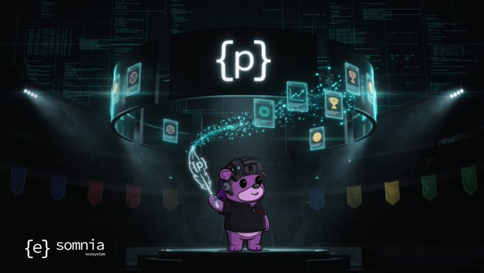 A digital illustration shows a purple cartoon bear wearing a virtual reality headset, standing in a futuristic arena beneath a holographic ring displaying the logo '{p}' and various app icons, with '{e} somnia' visible in the bottom left corner.