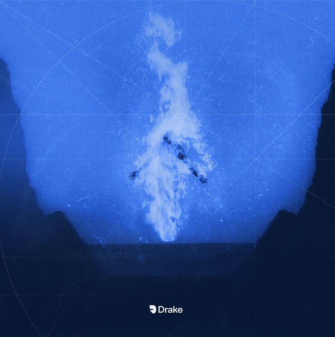 A silhouette of a person appears to be sinking or floating in deep blue water, with the "Drake" logo visible at the bottom center of the image. The image's drowning motif visually reinforces the post's humorous suggestion of being overwhelmed or "drowning" in potential $MON earnings while trading perpetuals on the Drake platform.