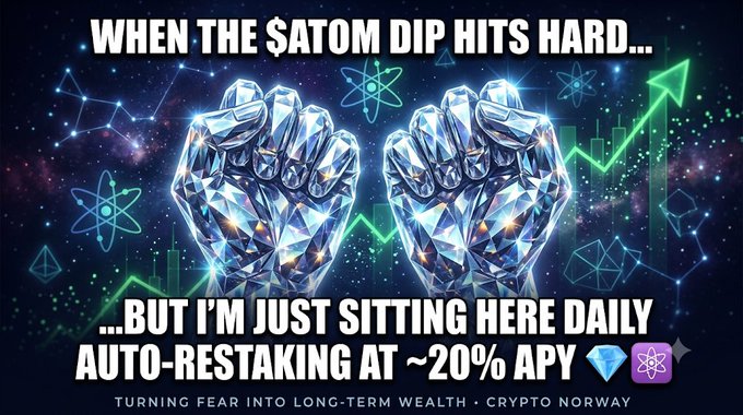 A crypto meme reading 'WHEN THE $ATOM DIP HITS HARD... BUT I'M JUST SITTING HERE DAILY AUTO-RESTAKING AT ~20% APY' with crystal fists, an upward green arrow, and the tagline 'TURNING FEAR INTO LONG-TERM WEALTH · CRYPTO NORWAY'.