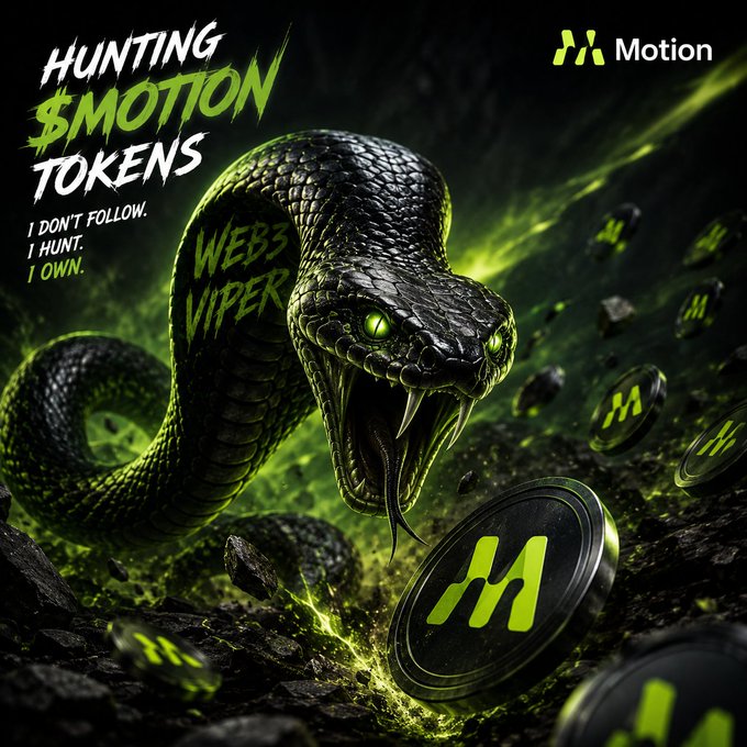 A promotional graphic featuring a menacing black cobra with glowing green eyes, displaying the text 'HUNTING $MOTION TOKENS - I DON'T FOLLOW. I HUNT. I OWN.' alongside 'WEB3 VIPER' and the Motion logo with branded coins.