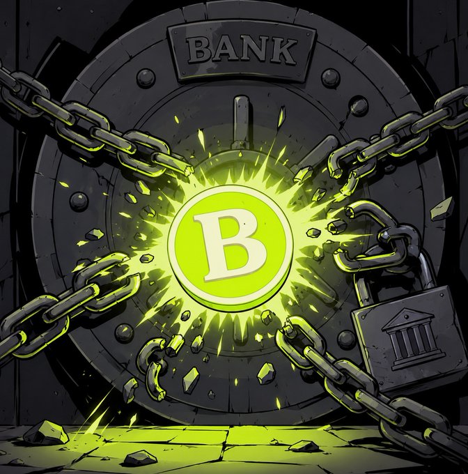A digital illustration depicting a heavy bank vault door with chains, shattered open by a glowing yellow burst emitting from a Bitcoin symbol in the center.