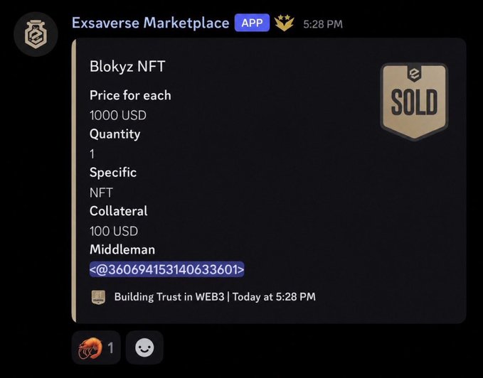A Discord message from Exssaverse Marketplace confirms the sale of one Blokyz NFT for 1000 USD, marked with a "SOLD" badge and timestamped at 5:28 PM, matching the post's claim of an over-the-counter $1000 NFT sale.