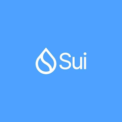 The Sui cryptocurrency logo featuring a white water drop icon and the word 'Sui' on a blue background.