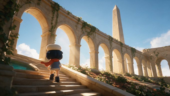 A stylized anime character with a red scarf ascends ancient stone steps toward a sunlit aqueduct of arches, with an obelisk piercing the sky in the background — evoking a grand, Roman-inspired island setting that mirrors the milestone of "Waifu" reaching 1,000 players.