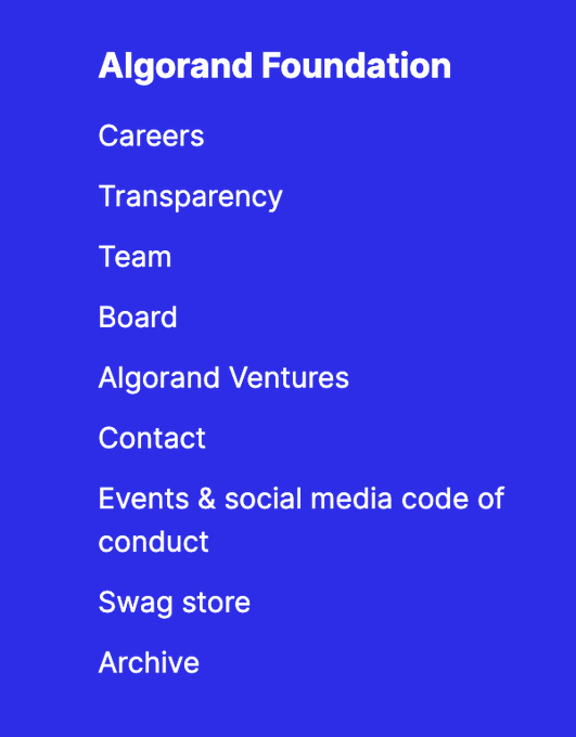 A blue menu for 'Algorand Foundation' listing items including Careers, Transparency, Team, Board, Algorand Ventures, Contact, Events & social media code of conduct, Swag store, and Archive.