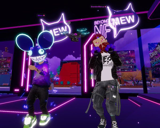 A screenshot from a virtual reality or video game environment showing two avatars with neon speech bubbles reading 'MEW' against a purple-lit backdrop with 'BEYOND NFT' signage.