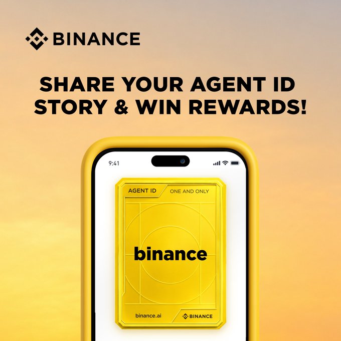 A Binance promotional graphic featuring a smartphone displaying a gold 'AGENT ID' card with text 'SHARE YOUR AGENT ID STORY & WIN REWARDS!' and the Binance logo.