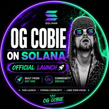 A promotional graphic for "OG COBIE ON SOLANA" featuring a man in a beanie and sunglasses, with text "OFFICIAL LAUNCH", "BUILT FROM DAY ONE", and "COMMUNITY DRIVEN".