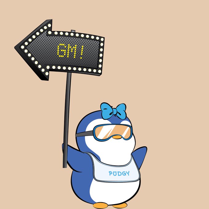 A cartoon penguin mascot wearing sunglasses, a blue bow, and a 'PUDGY' shirt, holding up an arrow-shaped sign that reads 'GM!'.