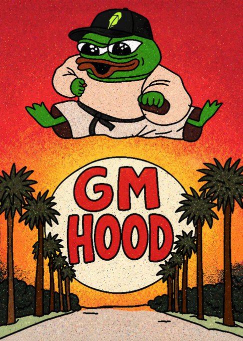 A cartoon Pepe the Frog dressed as a martial artist wearing a "GM" cap looms over a sunset scene with palm trees, featuring the text "GM HOOD" in a large circle, tying into the post's GM-themed crypto shoutout to @vladtenev and @RobinhoodCrypto about $HOME.