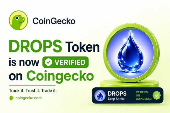 A CoinGecko promotional graphic announces that "DROPS Token is now VERIFIED on Coingecko," featuring the CoinGecko logo, the text "Track it. Trust it. Trade it." and coingecko.com, alongside a large blue water droplet emblem and a verification badge labeled "DROPS Drop Social | VERIFIED ON COINGECKO," visually confirming the listing mentioned in the post.