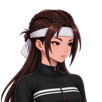 An anime-style illustration of a woman with long brown hair wearing a white headband and a black zip-up jacket with white stripes.