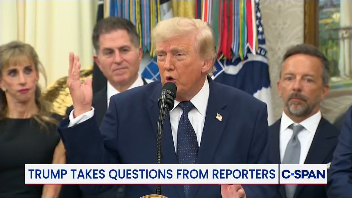 Donald Trump is shown speaking at a podium with the text "TRUMP TAKES QUESTIONS FROM REPORTERS" and the C-SPAN logo visible. This image relates to the post by visually representing Trump as he addresses reporters about various topics.