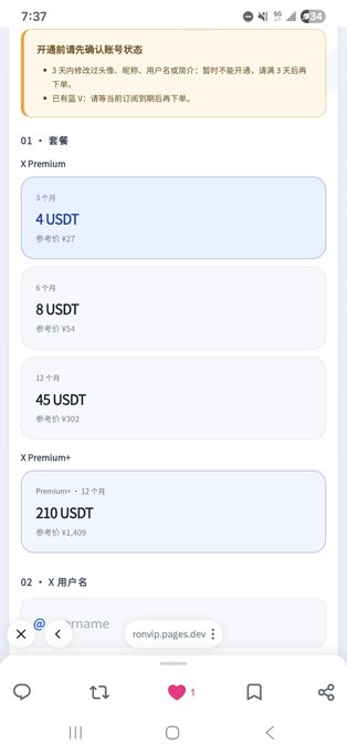 A mobile screenshot showing a subscription pricing page with options in USDT: '4 USDT', '8 USDT', '45 USDT', and '210 USDT'.