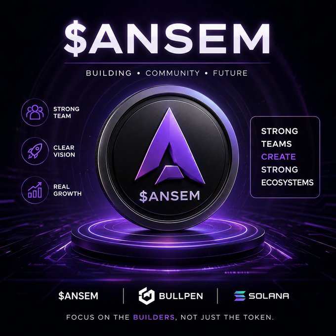 A promotional graphic for the $ANSEM token featuring a purple and black design with the tagline "Building • Community • Future" and partners Bullpen and Solana.