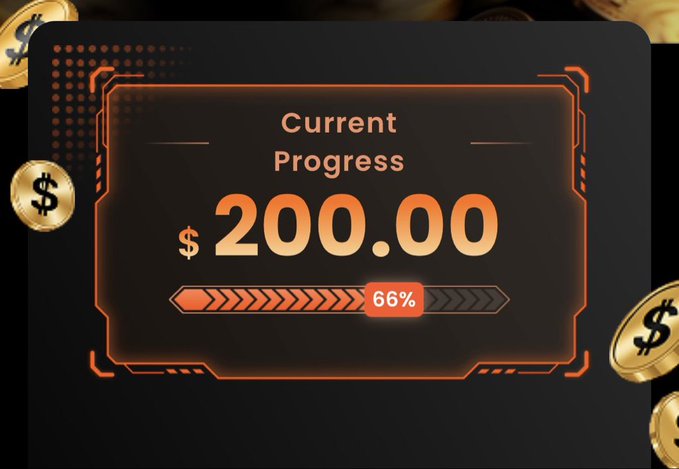 A digital progress display showing 'Current Progress $200.00' at 66% completion, framed by an orange futuristic border and gold coins with dollar signs.
