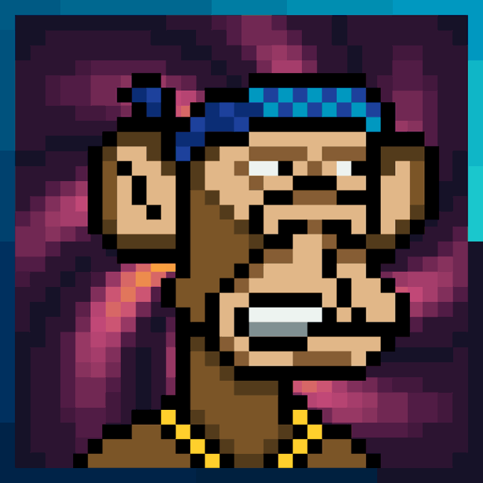 A pixel art portrait of a character with brown skin, wearing a blue checkered headband, with a purple and magenta background.