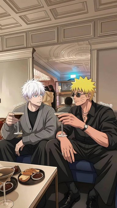 An anime-style illustration showing two male characters sitting at a table in a lounge, one with white hair and one with spiky blonde hair, both holding drinks.