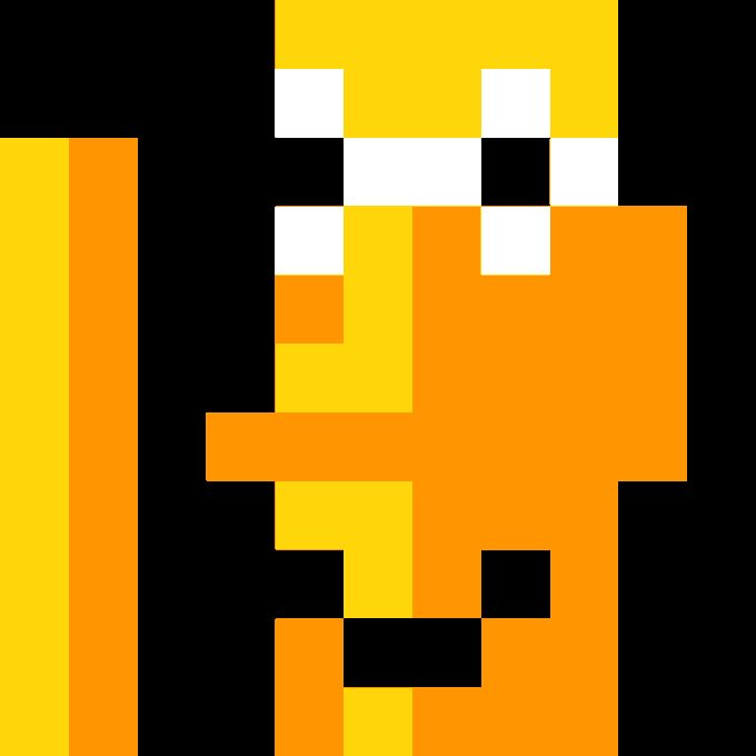 A minimalist pixel art image of an orange and yellow shape, possibly a character or object, set against a black background.