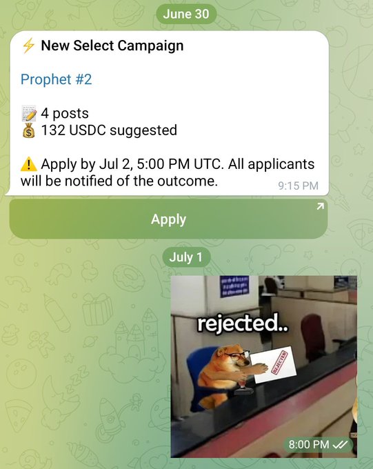 A Telegram chat screenshot shows an application for a "Prophet #2" campaign offering 132 USDC for 4 posts, with a deadline of July 2, followed by a meme of a dog at a desk having its work stamped "REJECTED" on July 1, humorously implying the user got rejected before even knowing the outcome.