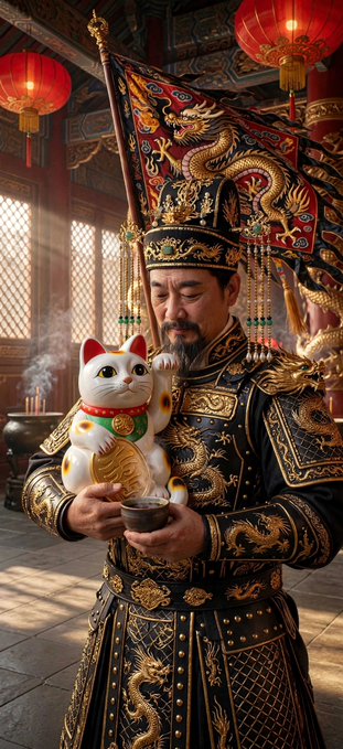 A regal, dragon-embroidered Chinese emperor holds a traditional maneki-neko (beckoning cat) adorned with a golden koban coin, blending imperial majesty with feline fortune symbolism—an image fittingly paired with the $MEOW Kittehcoin post to evoke prosperity and charm.
