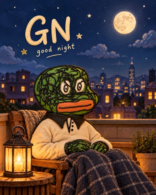 An AI-generated illustration shows a Pepe the Frog character wearing pajamas and a blanket, sitting on a balcony at night with a cityscape and full moon behind him, with the text "GN good night" in the sky.