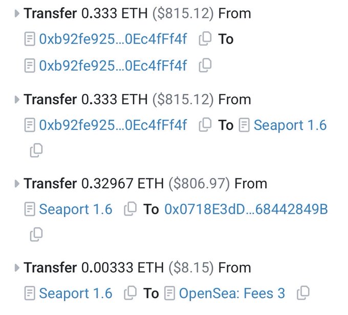 Ethereum transaction records showing transfers of approximately 0.333 ETH involving the address 0xb92fe925...0Ec4fFf4f, Seaport 1.6, and OpenSea fees.