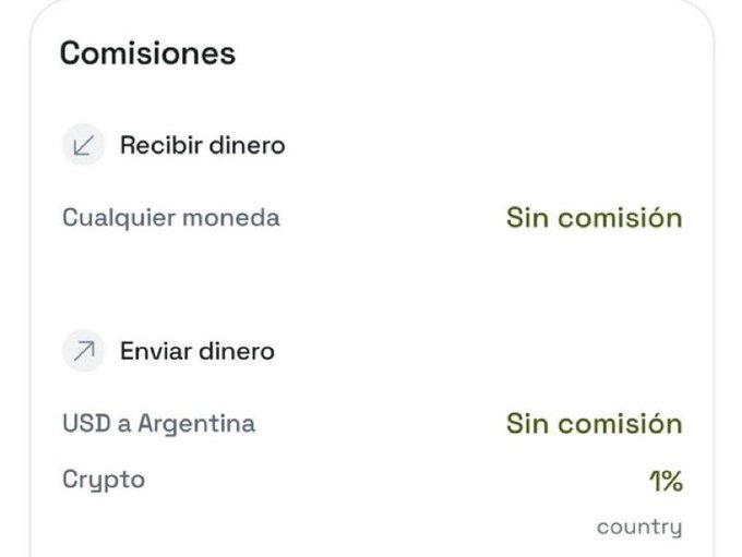 A "Comisiones" (Fees) section displays that receiving money and sending USD to Argentina are commission-free, while crypto transactions carry a 1% fee, highlighting the crypto withdrawal feature praised in the post for its convenience and safety.