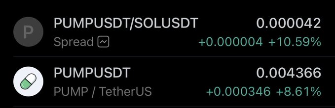 The image displays two cryptocurrency pairs on Pear Protocol: **PUMPUSDT/SOLUSDT** trading at 0.000042 (up 10.59%) and **PUMPUSDT** trading at 0.004366 (up 8.61%), both showing positive performance. This visual supports the post's claim about pair trading on Pear Protocol by showcasing simultaneous profitable trades with both pairs trending upward, illustrating the platform's appeal for perpetual traders.